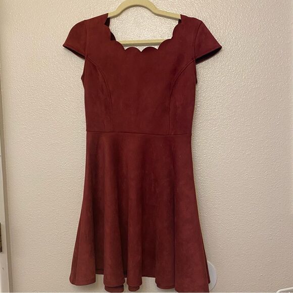 Lulus Dearest Dream burgundy Red Suede scallop short Skater holiday Dress S - Picture 2 of 13